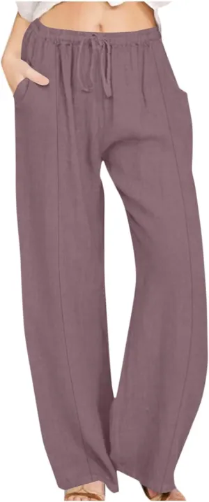 Womens Linen Pants Summer Boho Drawstring Elastic High Waist Loose Wide Leg Trousers with Pockets