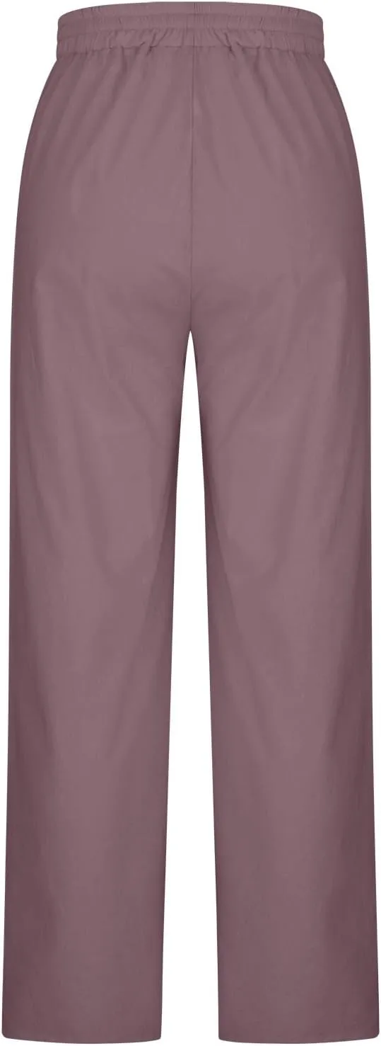Womens Linen Pants Summer Boho Drawstring Elastic High Waist Loose Wide Leg Trousers with Pockets