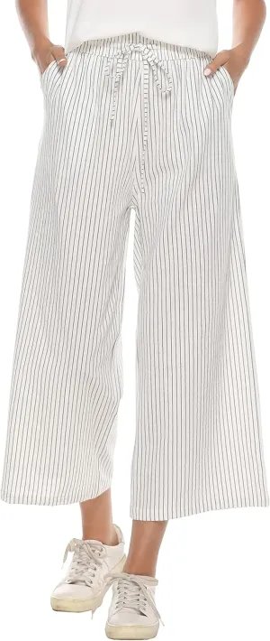 Womens Linen Wide Leg Pants High Waisted Drawstring Baggy Loose Beach Pants with Pockets