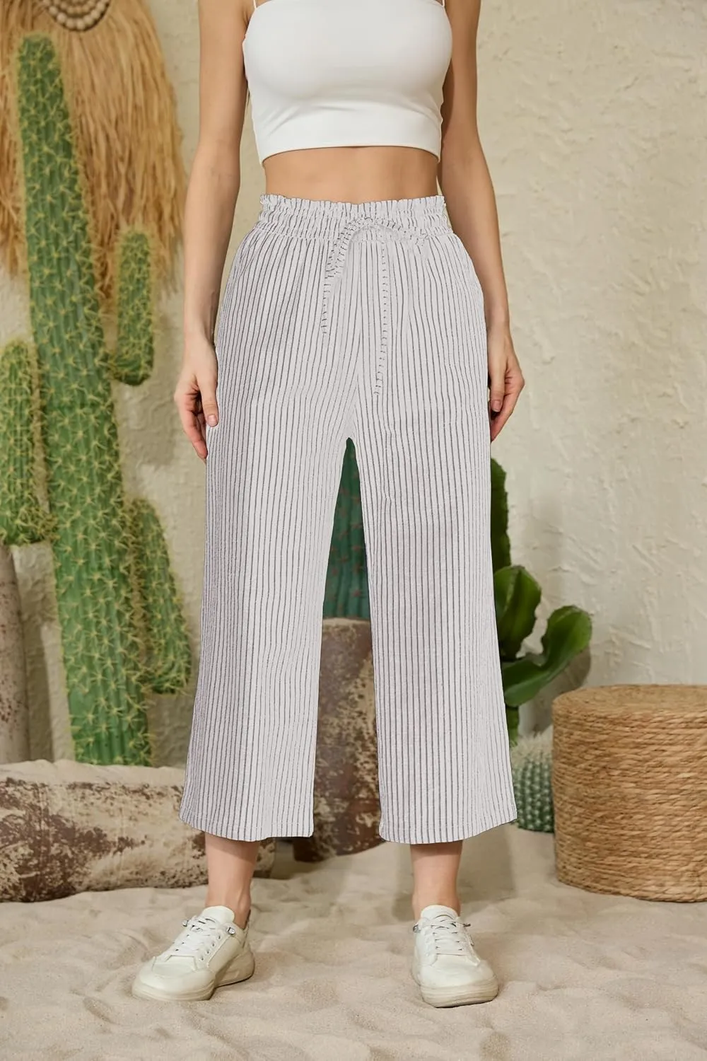Womens Linen Wide Leg Pants High Waisted Drawstring Baggy Loose Beach Pants with Pockets