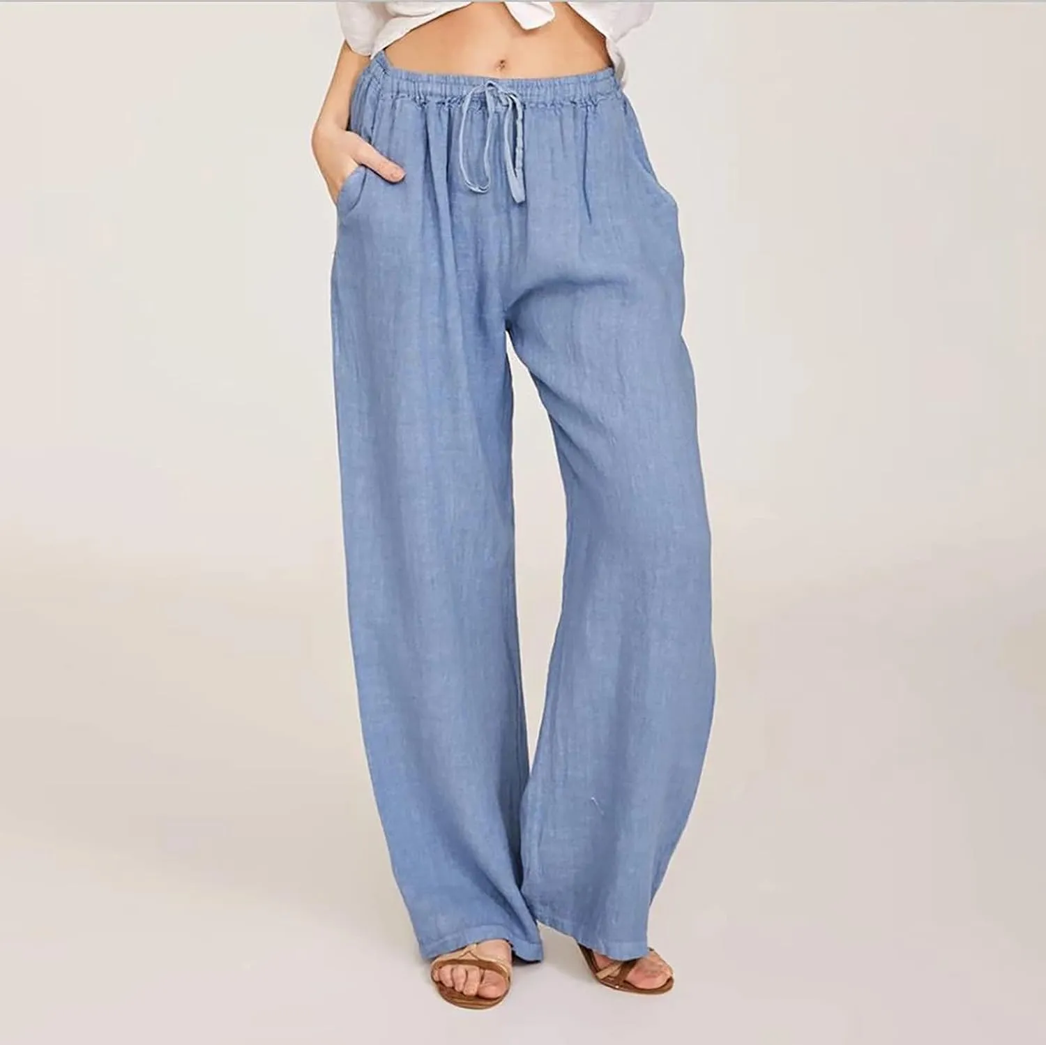 Womens Linen Wide Leg Pants High Waisted Drawstring Pant Athletic Casual Sweatpants Flowy Beach Pants Summer Trousers