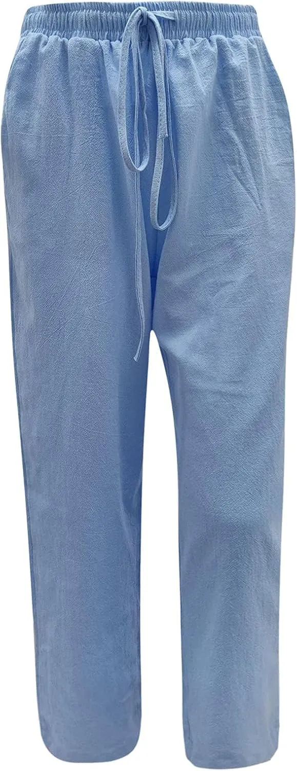 Womens Linen Wide Leg Pants High Waisted Drawstring Pant Athletic Casual Sweatpants Flowy Beach Pants Summer Trousers