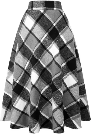 Women's Long Plaid Wool Skirt Fall Winter High Waist A-line Pleated Wool Tartan Skirts