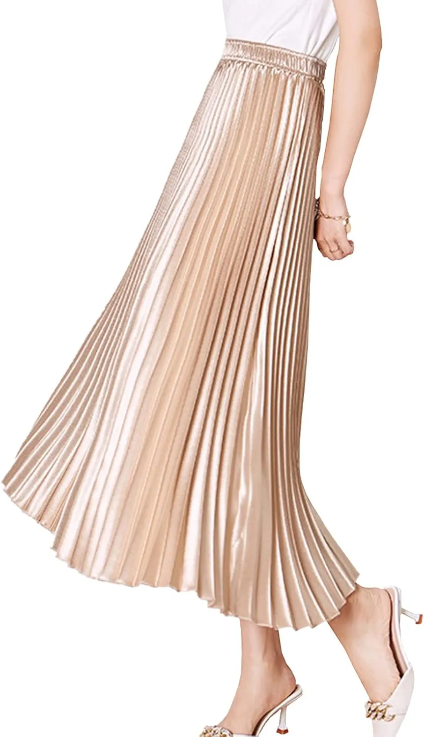 Women's Long Pleated Skirt Elastic Waist Party Metallic Shiny Accordion Pleated Midi Skirt for Women