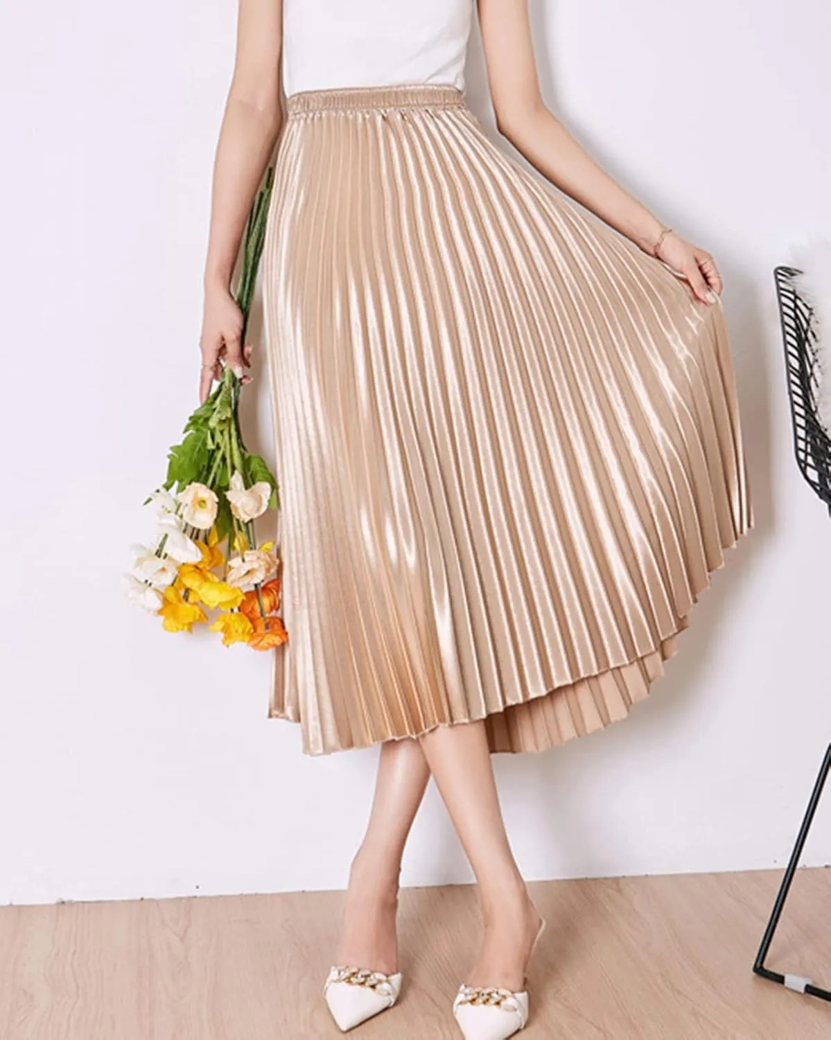 Women's Long Pleated Skirt Elastic Waist Party Metallic Shiny Accordion Pleated Midi Skirt for Women