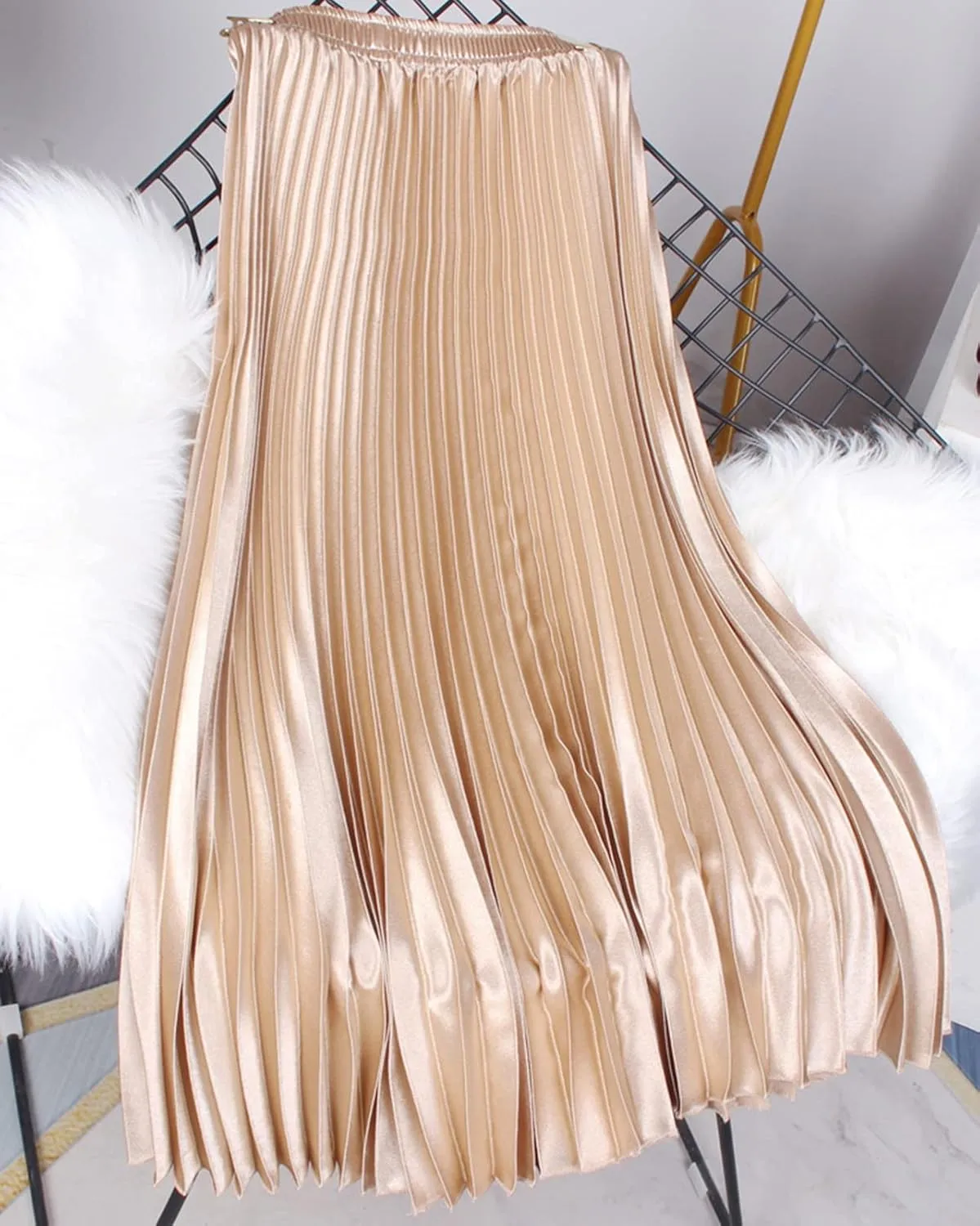 Women's Long Pleated Skirt Elastic Waist Party Metallic Shiny Accordion Pleated Midi Skirt for Women