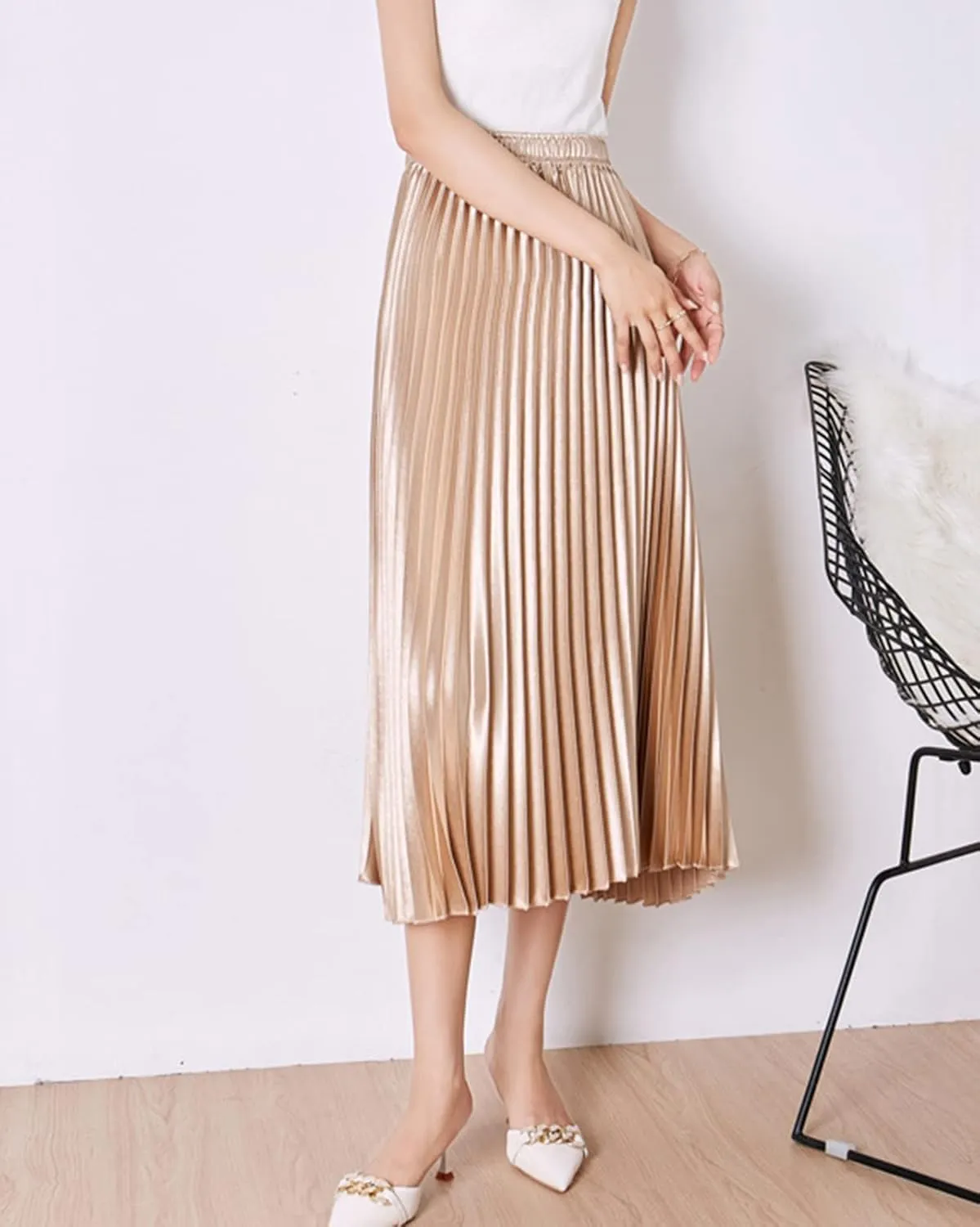Women's Long Pleated Skirt Elastic Waist Party Metallic Shiny Accordion Pleated Midi Skirt for Women