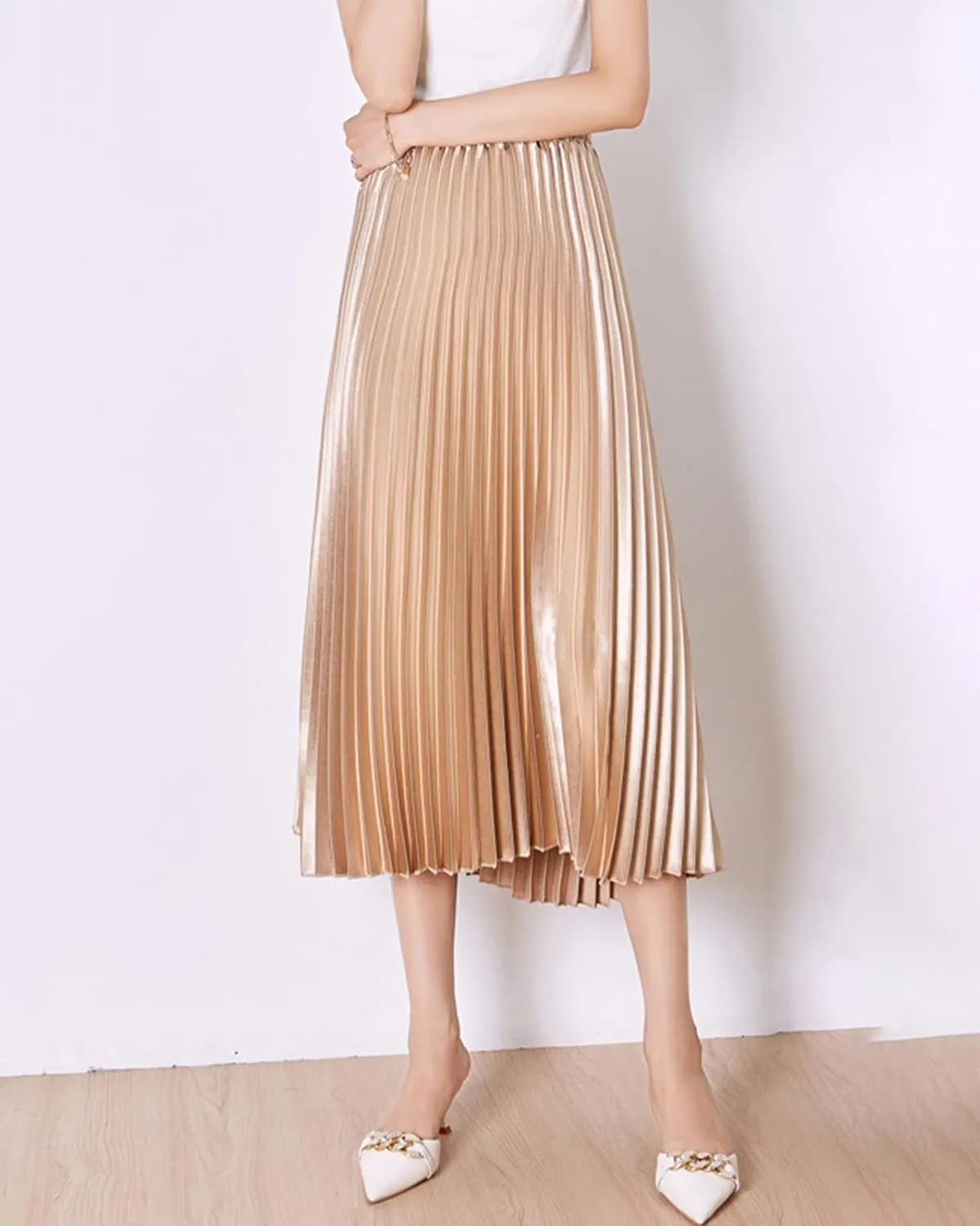 Women's Long Pleated Skirt Elastic Waist Party Metallic Shiny Accordion Pleated Midi Skirt for Women