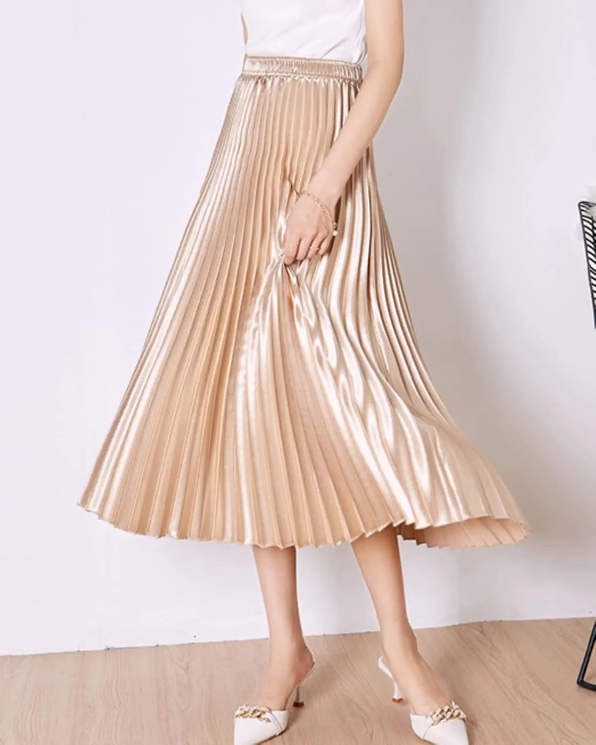 Women's Long Pleated Skirt Elastic Waist Party Metallic Shiny Accordion Pleated Midi Skirt for Women