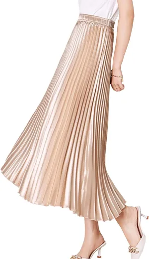 Women's Long Pleated Skirt Elastic Waist Party Metallic Shiny Accordion Pleated Midi Skirt for Women