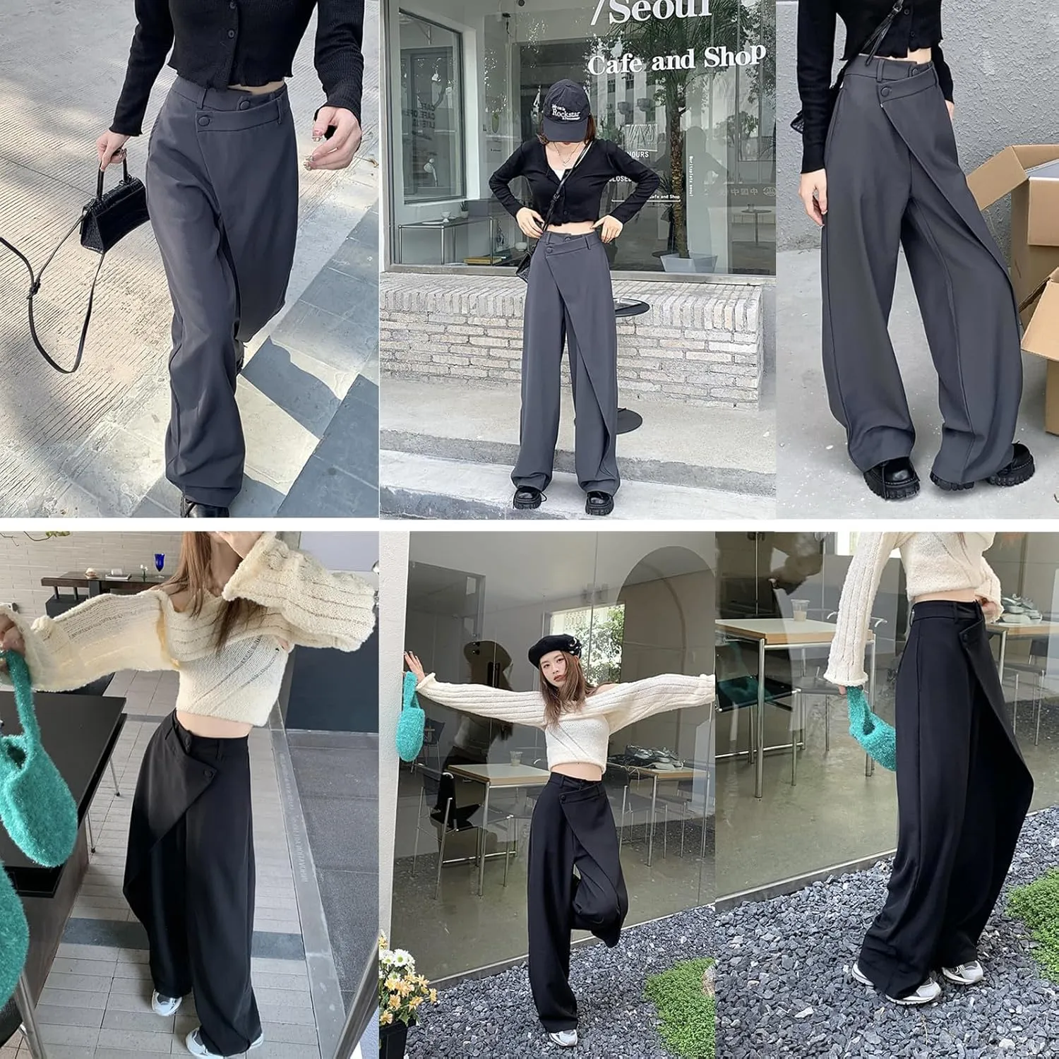 Women's Loose Cut Wide-leg Pants,Fashion Flowy Solid Color Suit Pant,Irregular Patchwork High Waist Straight Trousers