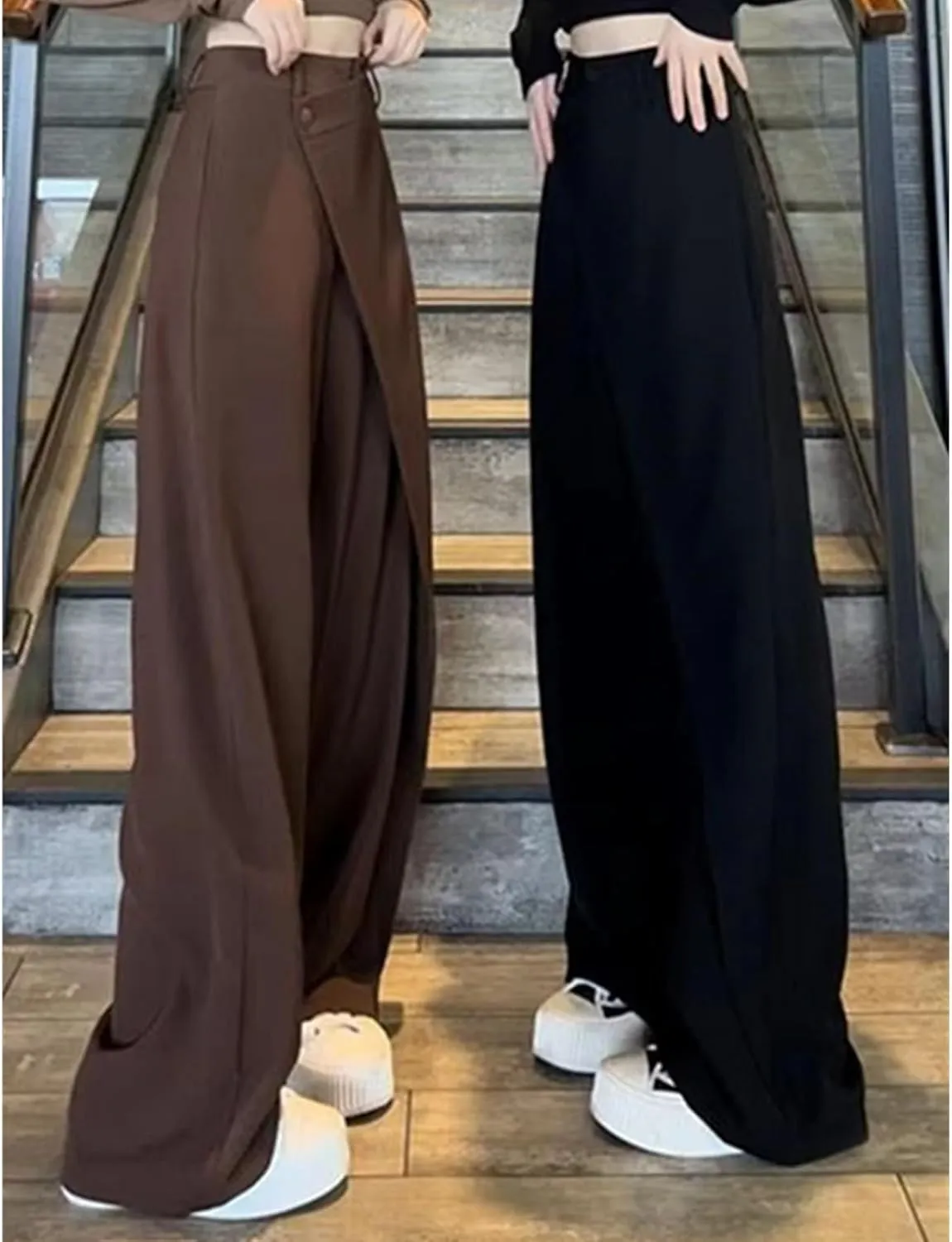 Women's Loose Cut Wide-leg Pants,Fashion Flowy Solid Color Suit Pant,Irregular Patchwork High Waist Straight Trousers