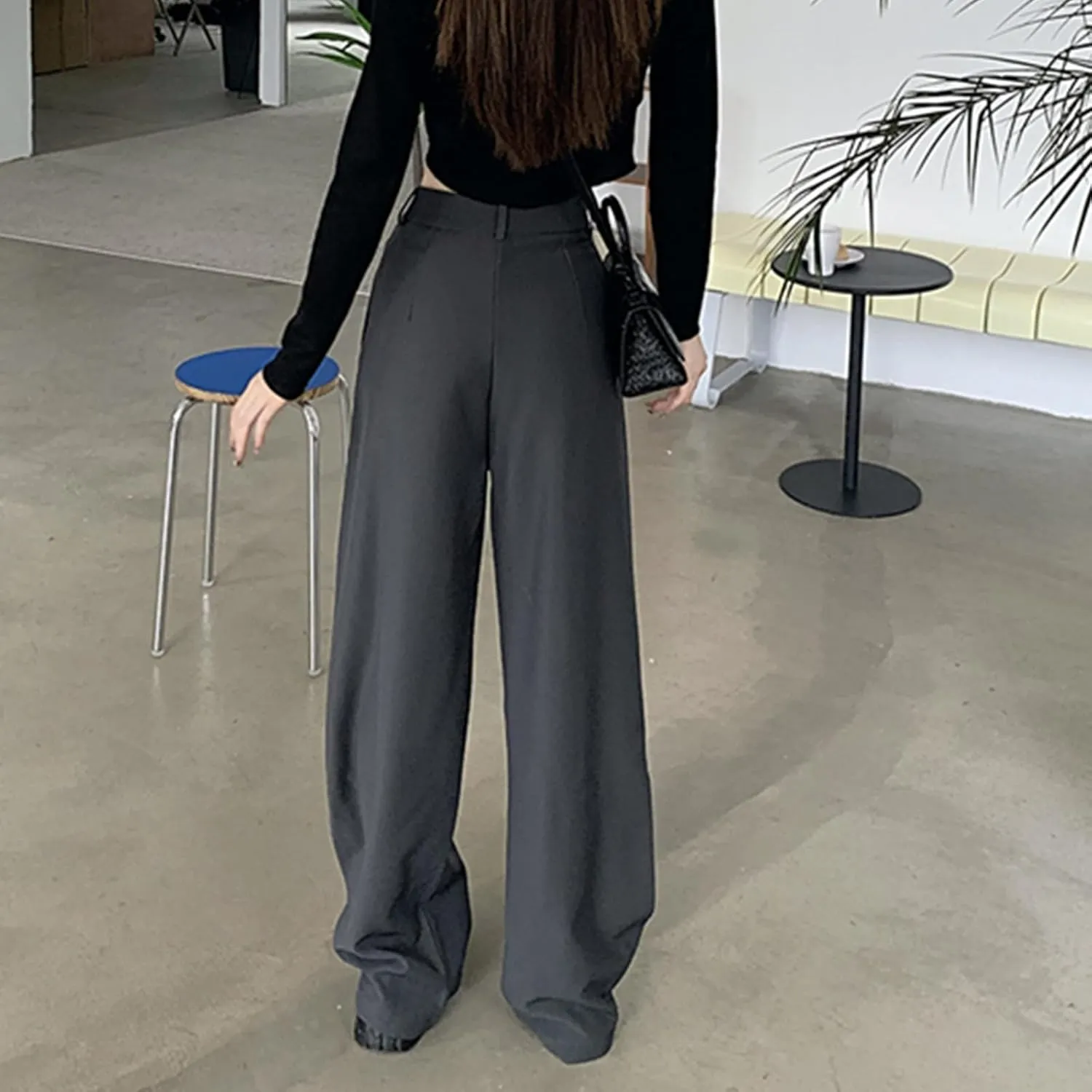 Women's Loose Cut Wide-leg Pants,Fashion Flowy Solid Color Suit Pant,Irregular Patchwork High Waist Straight Trousers