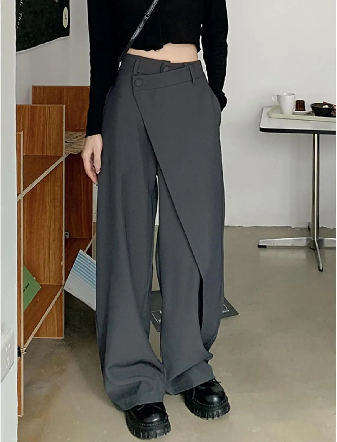 Women's Loose Cut Wide-leg Pants,Fashion Flowy Solid Color Suit Pant,Irregular Patchwork High Waist Straight Trousers