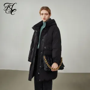 Women's Mid-length Hooded Three-proof Black Down Jacket Lingge Pleated Winter New Warm Jackets Women Long Coats