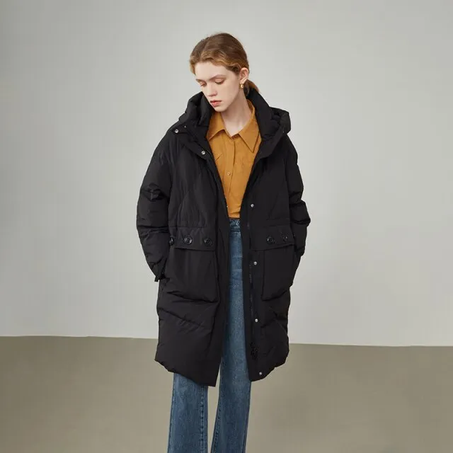 Women's Mid-length Hooded Three-proof Black Down Jacket Lingge Pleated Winter New Warm Jackets Women Long Coats