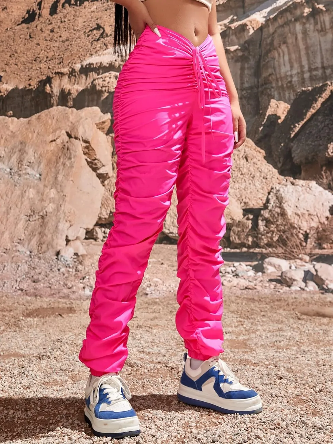 Women's Pants Pants for Women Solid Drawstring Waist Stacked Pants Fashion Casual Pants (Color : Hot Pink, Size : Small)