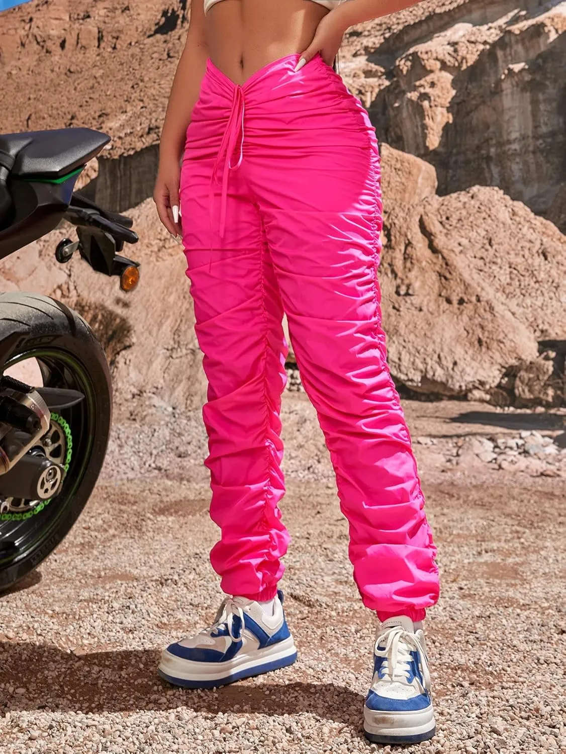 Women's Pants Pants for Women Solid Drawstring Waist Stacked Pants Fashion Casual Pants (Color : Hot Pink, Size : Small)