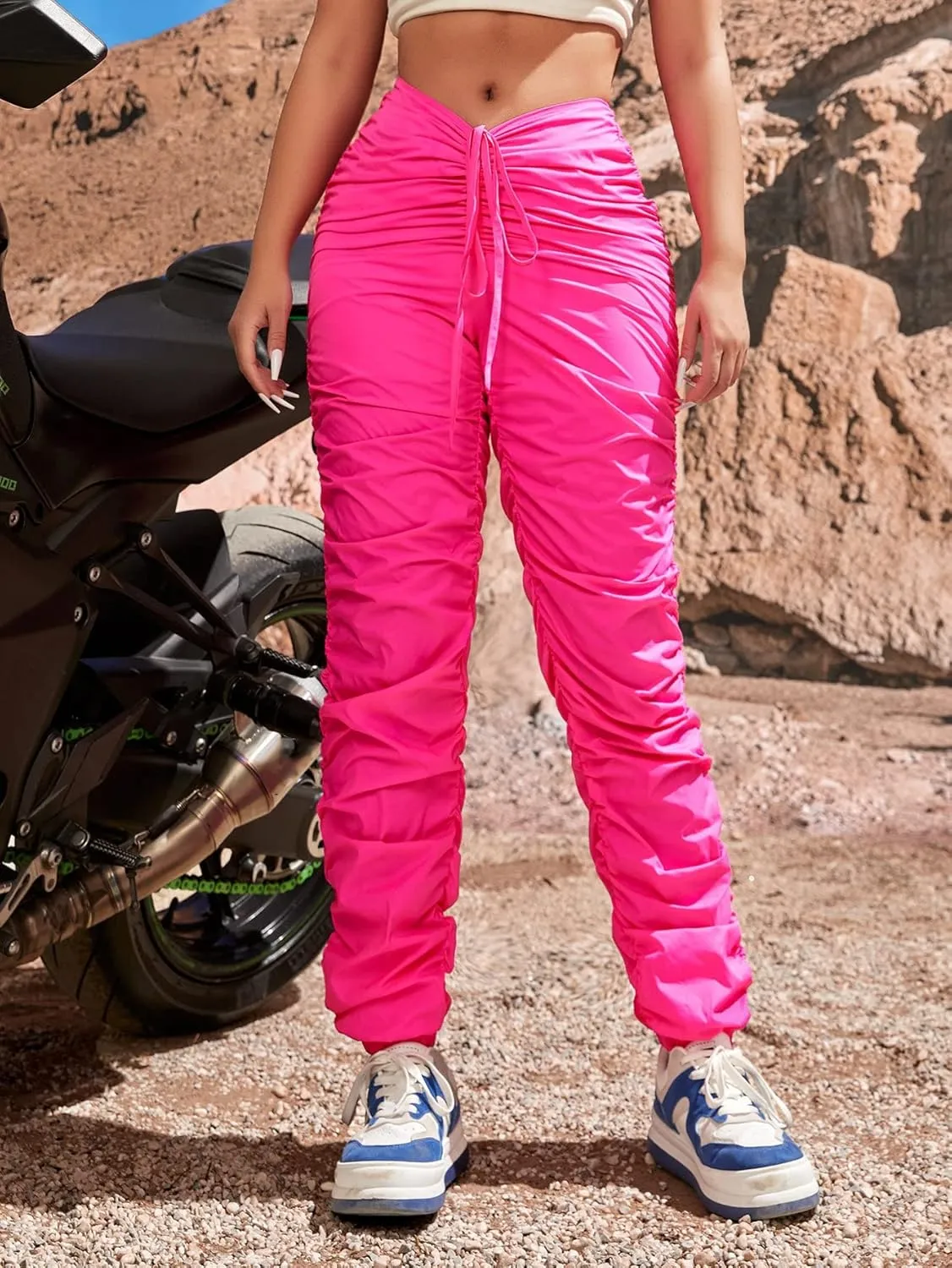 Women's Pants Pants for Women Solid Drawstring Waist Stacked Pants Fashion Casual Pants (Color : Hot Pink, Size : Small)
