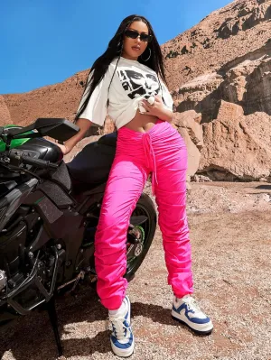 Women's Pants Pants for Women Solid Drawstring Waist Stacked Pants Fashion Casual Pants (Color : Hot Pink, Size : Small)