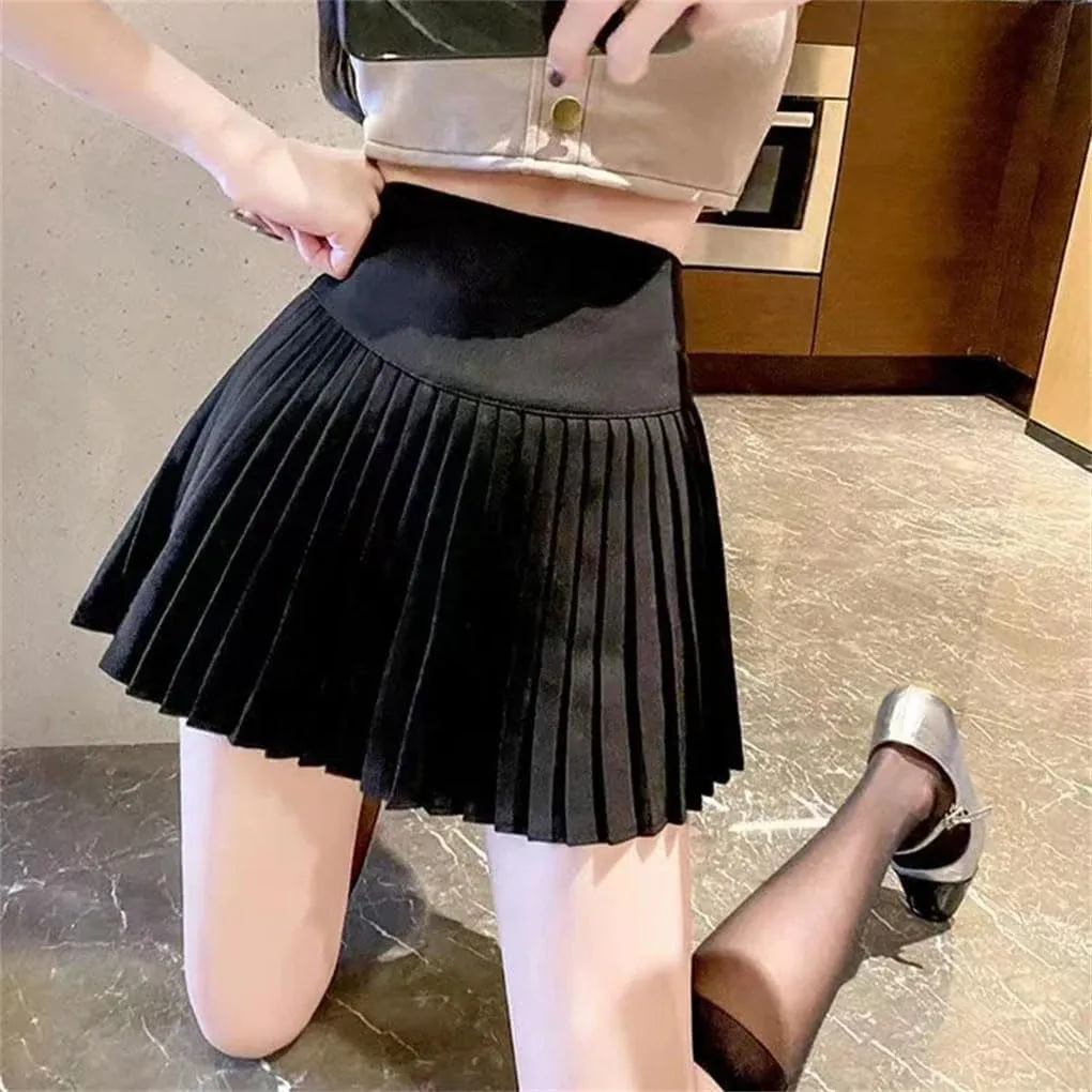 Women's Pleated High Waist A-Line Skirt Ladies Solid Color Simple All-Match Mini Skirt