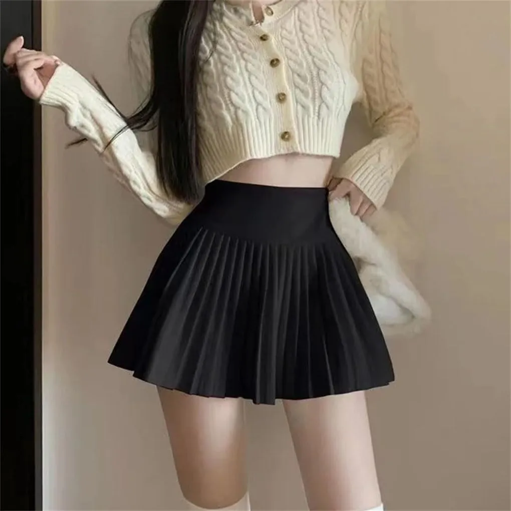 Women's Pleated High Waist A-Line Skirt Ladies Solid Color Simple All-Match Mini Skirt