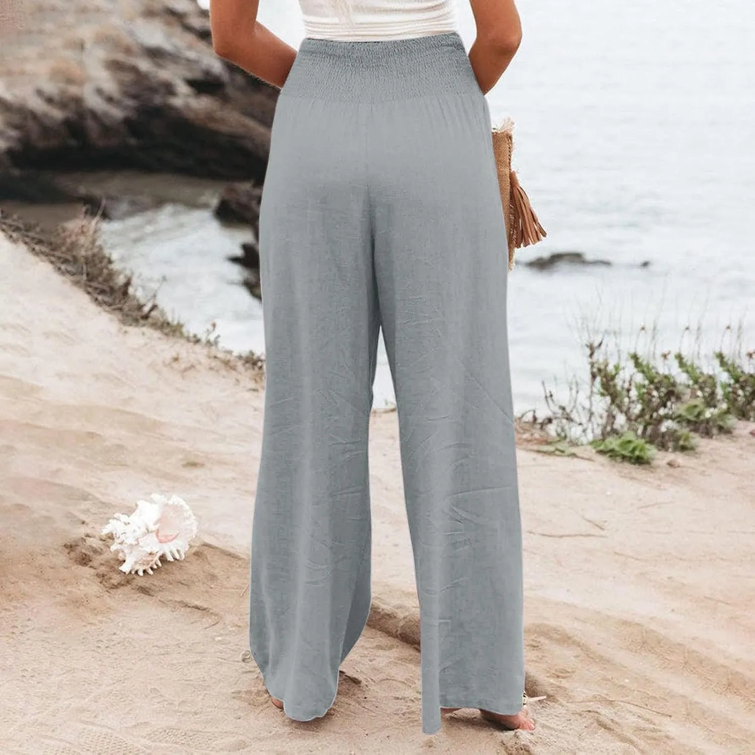 Womens Plus Size Linen Palazzo Pants Casual Summer Wide Leg High Waist Slacks Boho Beach Travel Trousers with Pockets