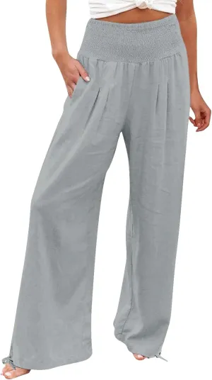 Womens Plus Size Linen Palazzo Pants Casual Summer Wide Leg High Waist Slacks Boho Beach Travel Trousers with Pockets