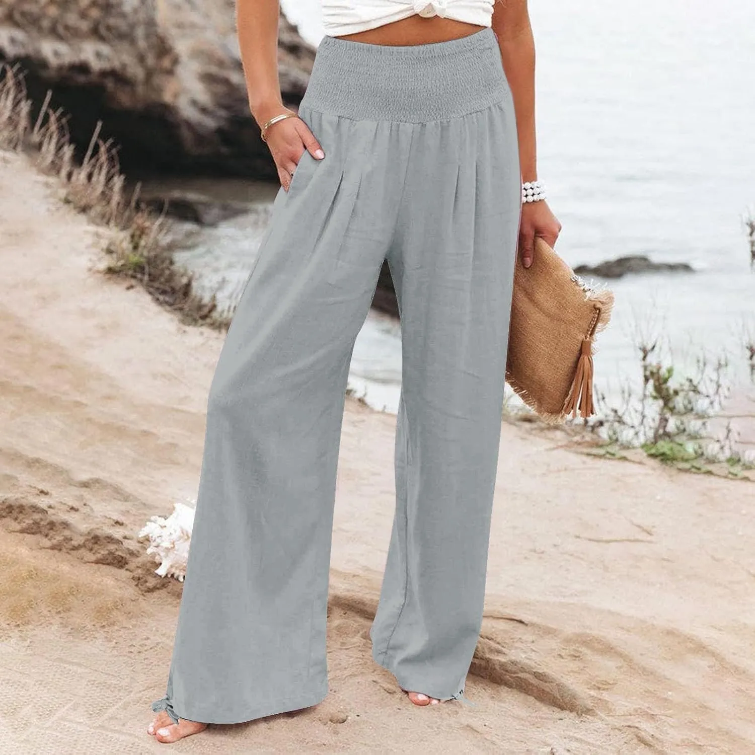 Womens Plus Size Linen Palazzo Pants Casual Summer Wide Leg High Waist Slacks Boho Beach Travel Trousers with Pockets