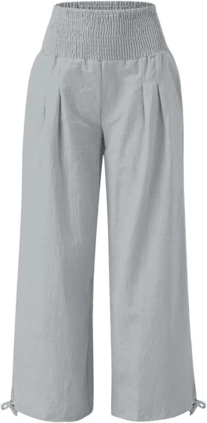 Womens Plus Size Linen Palazzo Pants Casual Summer Wide Leg High Waist Slacks Boho Beach Travel Trousers with Pockets