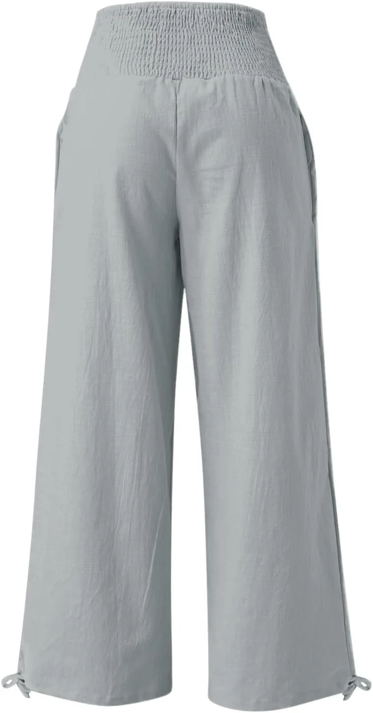 Womens Plus Size Linen Palazzo Pants Casual Summer Wide Leg High Waist Slacks Boho Beach Travel Trousers with Pockets