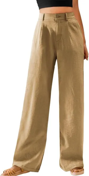 Women's Pull On High Waist Wide-Leg Pants Button Down Straight Long Trousers Slack Flowy Palazzo Pant with Pocket