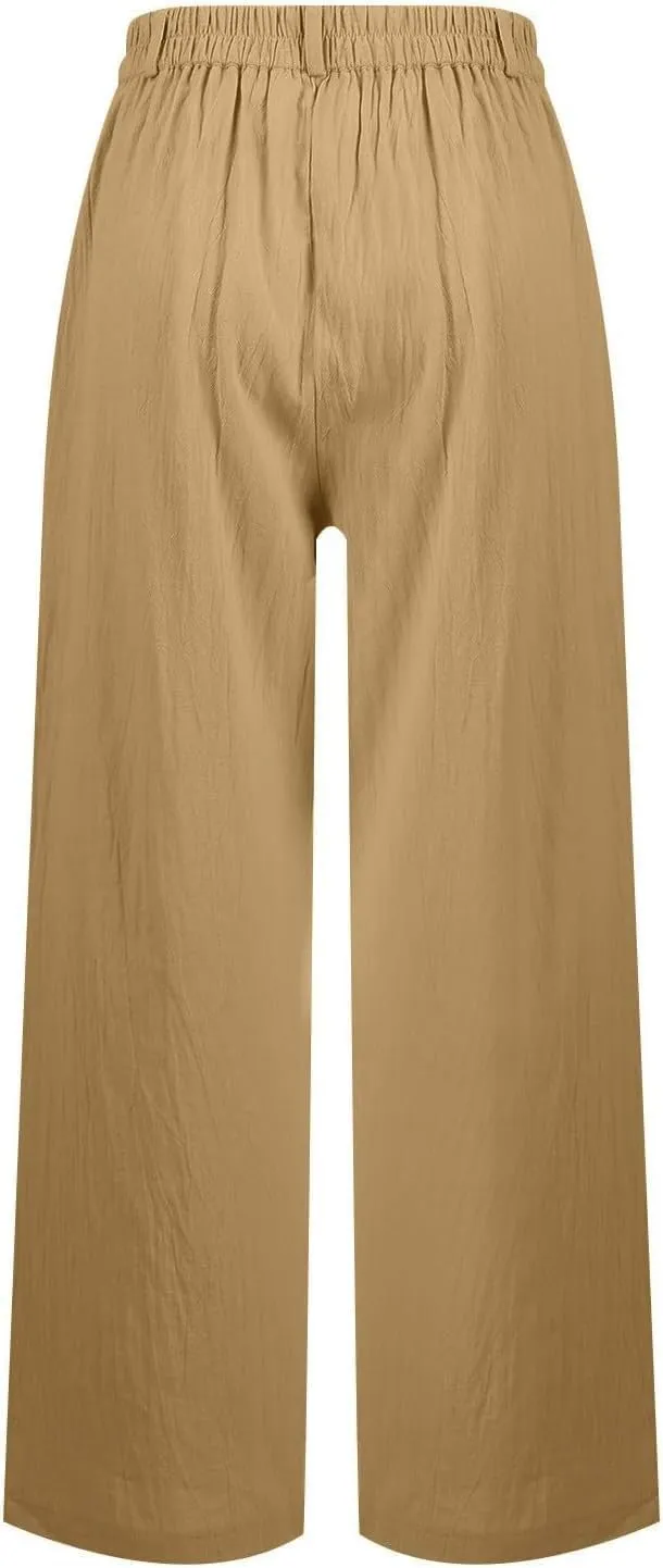 Women's Pull On High Waist Wide-Leg Pants Button Down Straight Long Trousers Slack Flowy Palazzo Pant with Pocket