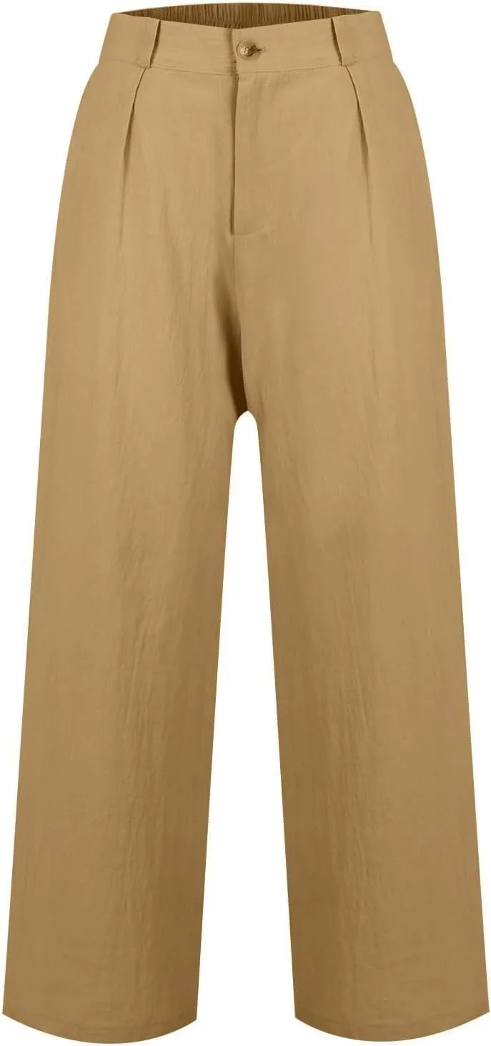 Women's Pull On High Waist Wide-Leg Pants Button Down Straight Long Trousers Slack Flowy Palazzo Pant with Pocket