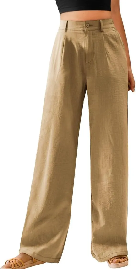 Women's Pull On High Waist Wide-Leg Pants Button Down Straight Long Trousers Slack Flowy Palazzo Pant with Pocket