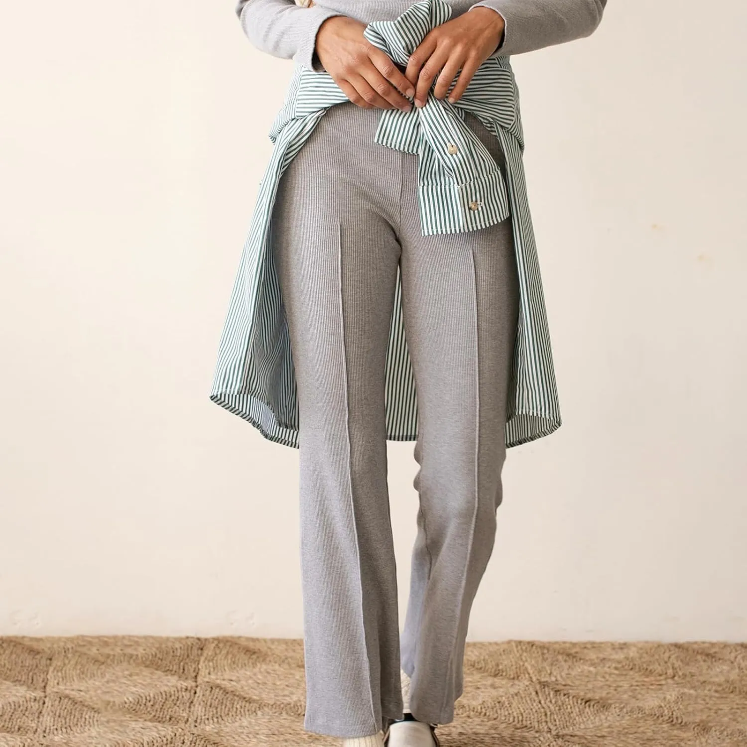 Women's Rib Flare Pants Elastic High Waist Seamed Creases Bell Bottom Trousers Workout Sweatpants