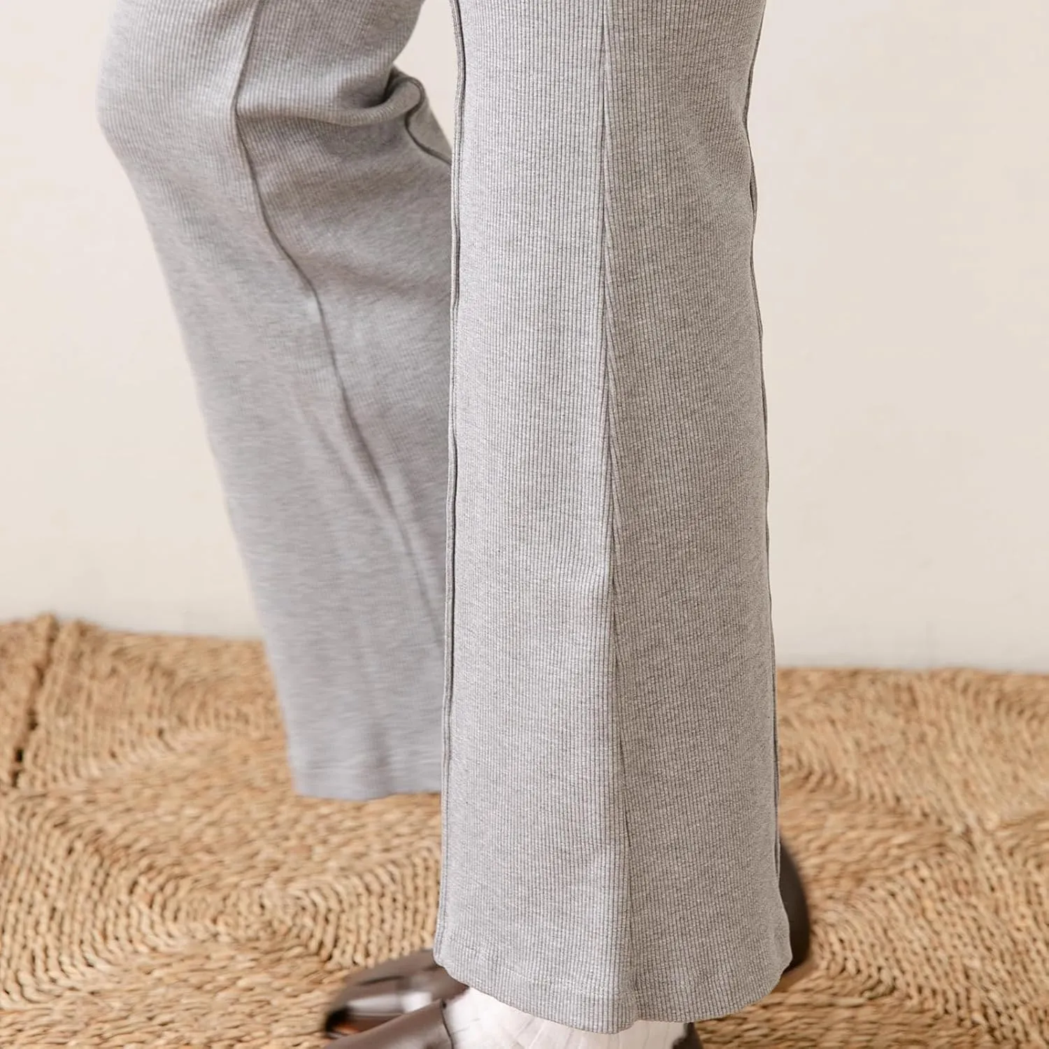 Women's Rib Flare Pants Elastic High Waist Seamed Creases Bell Bottom Trousers Workout Sweatpants