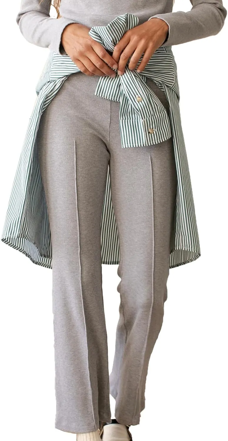 Women's Rib Flare Pants Elastic High Waist Seamed Creases Bell Bottom Trousers Workout Sweatpants