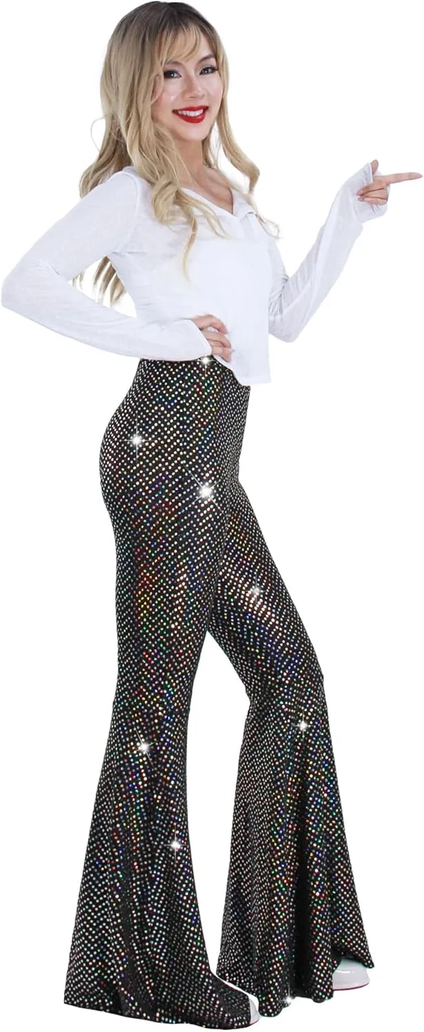 Womens Sequin Flare Pant Sparkly High Waisted Leg Bell Bottom Glitter Trousers Night Out Clubwear
