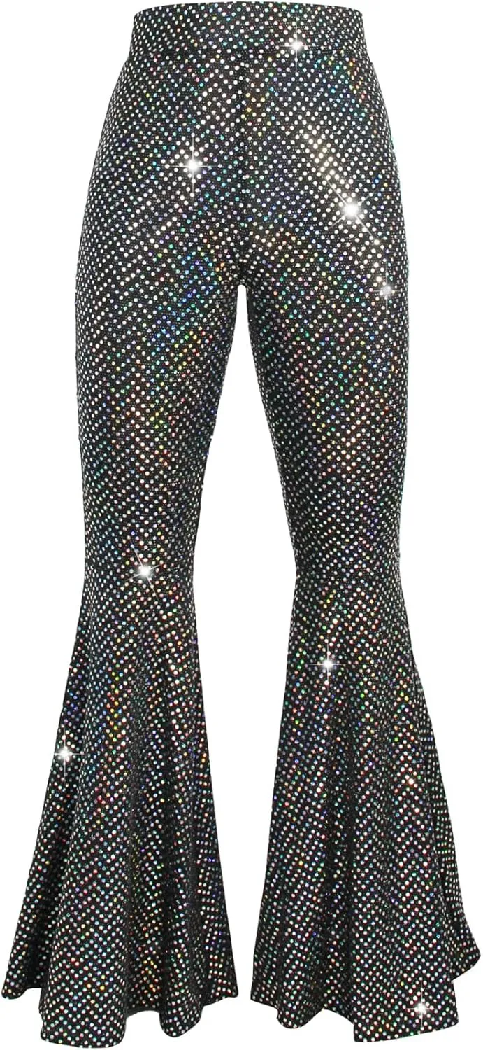 Womens Sequin Flare Pant Sparkly High Waisted Leg Bell Bottom Glitter Trousers Night Out Clubwear