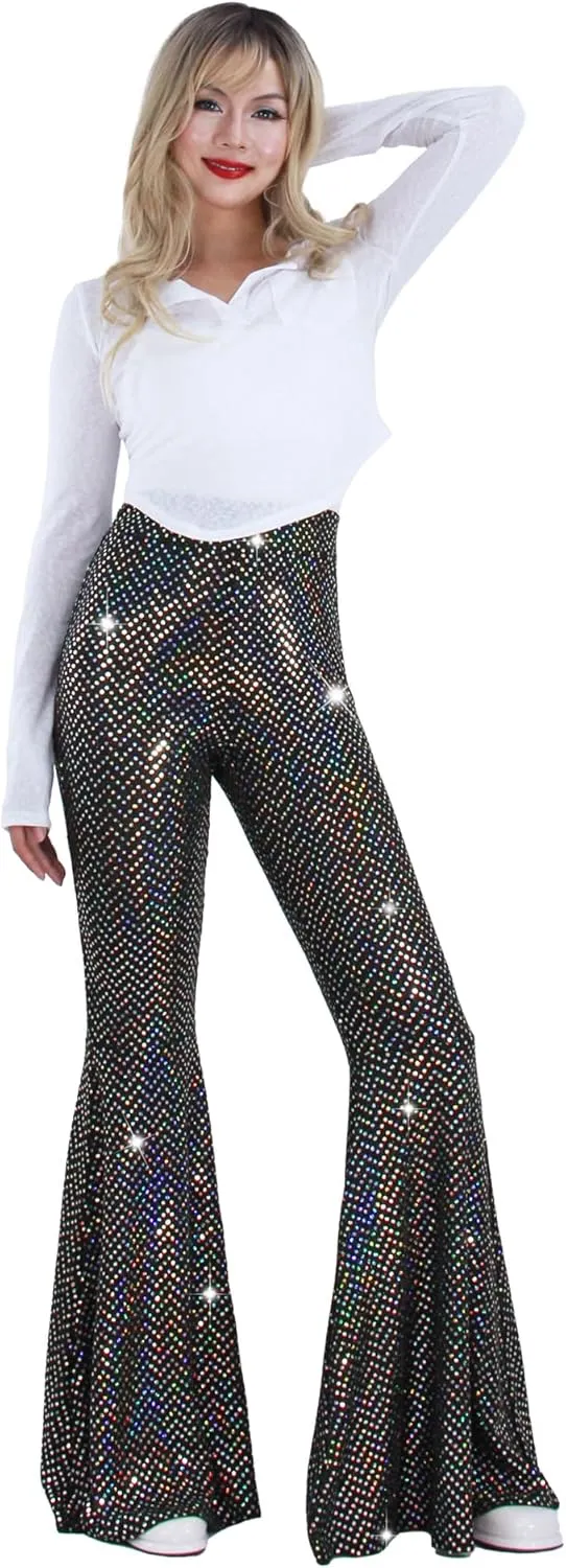 Womens Sequin Flare Pant Sparkly High Waisted Leg Bell Bottom Glitter Trousers Night Out Clubwear