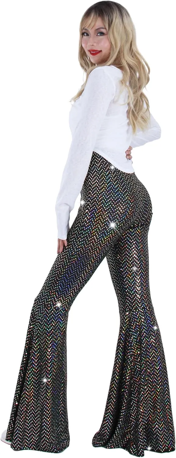 Womens Sequin Flare Pant Sparkly High Waisted Leg Bell Bottom Glitter Trousers Night Out Clubwear