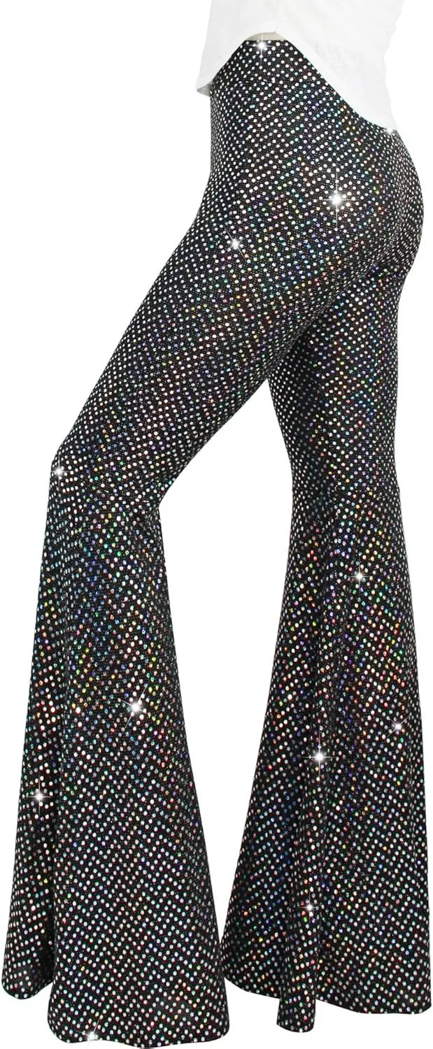 Womens Sequin Flare Pant Sparkly High Waisted Leg Bell Bottom Glitter Trousers Night Out Clubwear