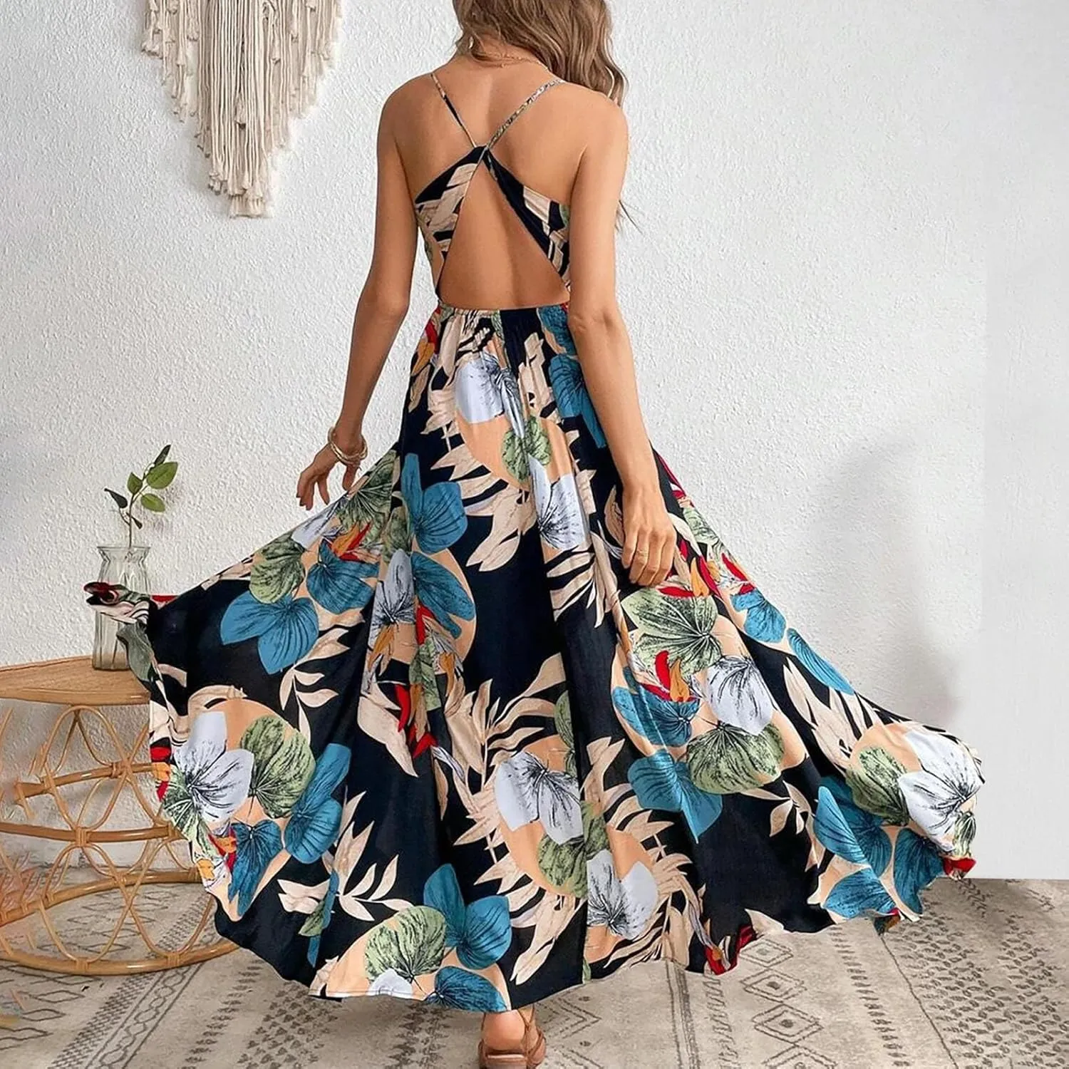 Womens Sexy Spaghetti Straps Maxi Dresses Beach Boho Dress Flowy Vocation Outfits 2025