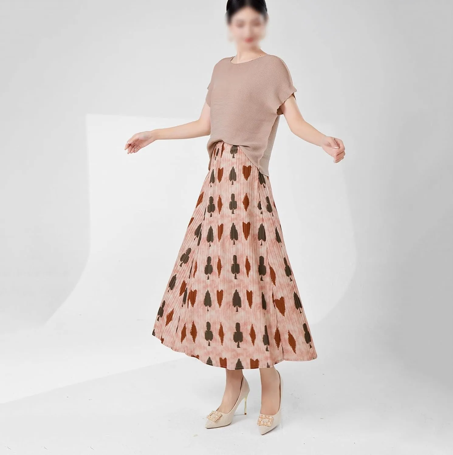 Womens Summer High Waisted Print Midi Skirts A-Line Elastic Waist Pleated Flowy Swing Midi Skirt