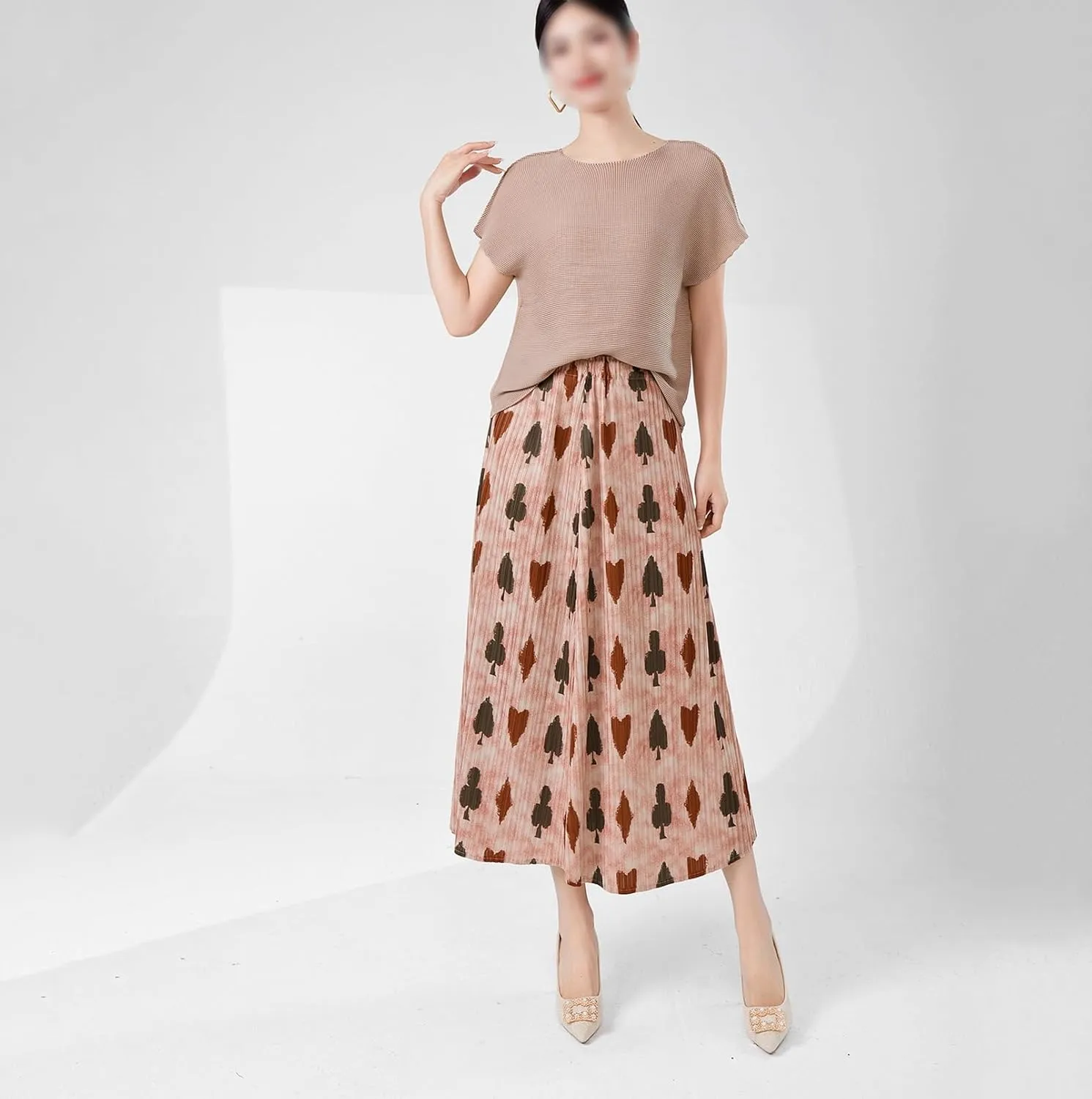 Womens Summer High Waisted Print Midi Skirts A-Line Elastic Waist Pleated Flowy Swing Midi Skirt