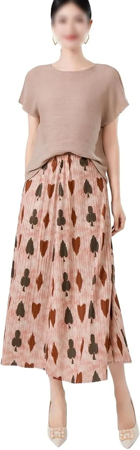 Womens Summer High Waisted Print Midi Skirts A-Line Elastic Waist Pleated Flowy Swing Midi Skirt
