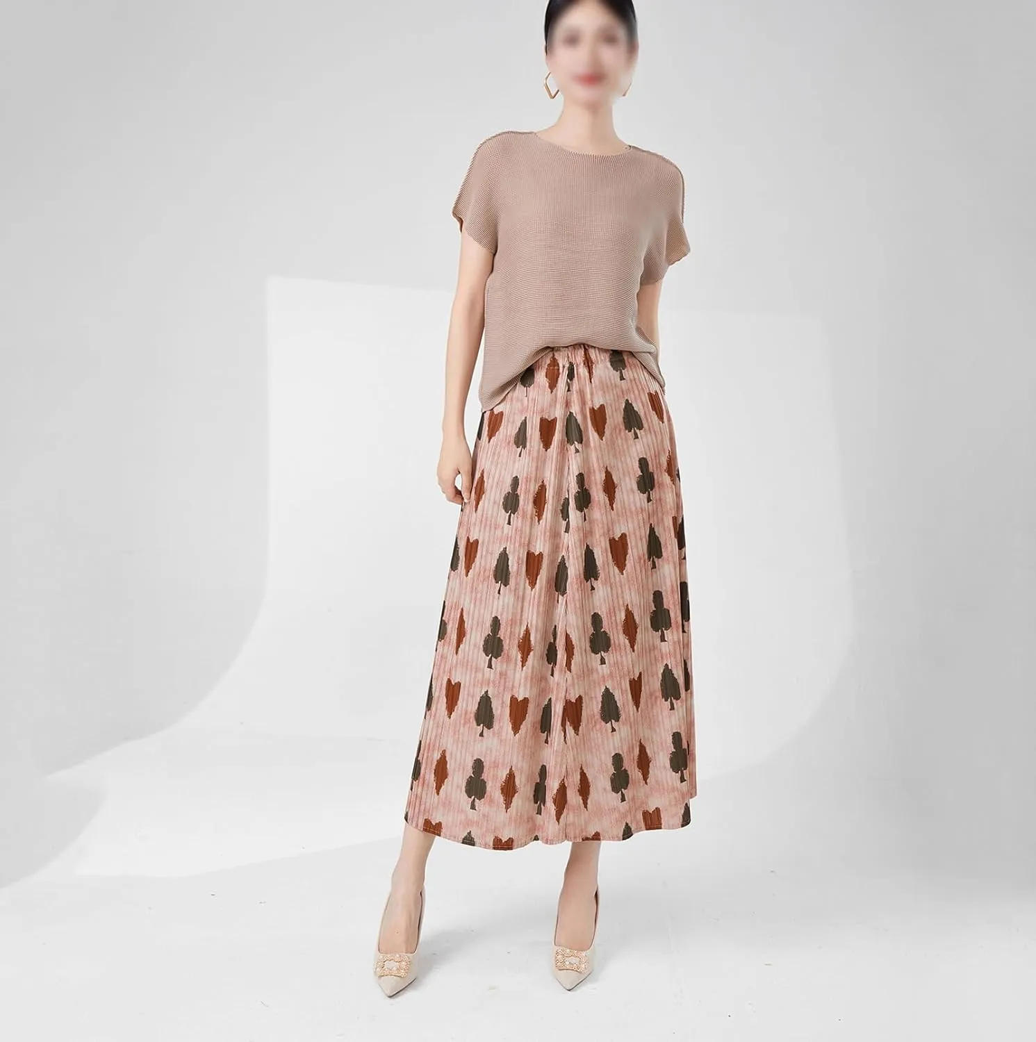 Womens Summer High Waisted Print Midi Skirts A-Line Elastic Waist Pleated Flowy Swing Midi Skirt
