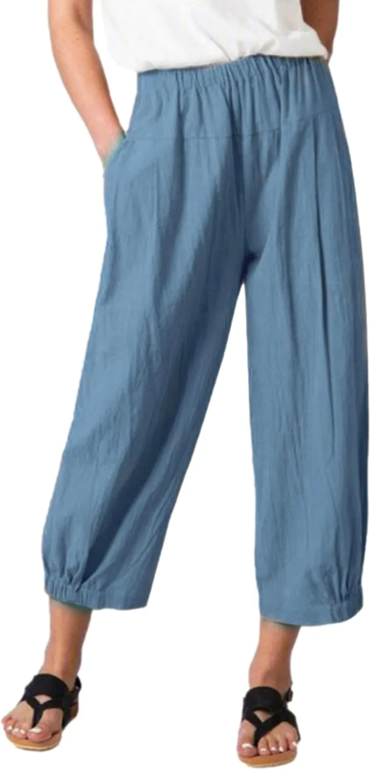 Women's Summer Linen Pants High Waisted Drawstring Printed Bohemian Capris Trousers