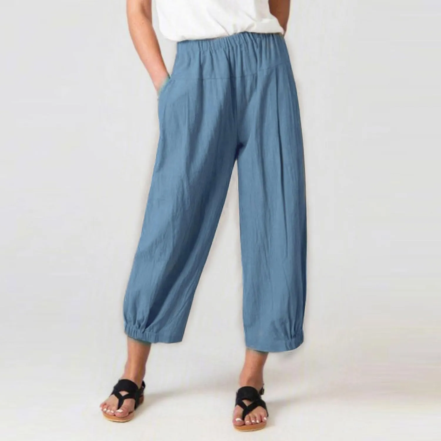 Women's Summer Linen Pants High Waisted Drawstring Printed Bohemian Capris Trousers